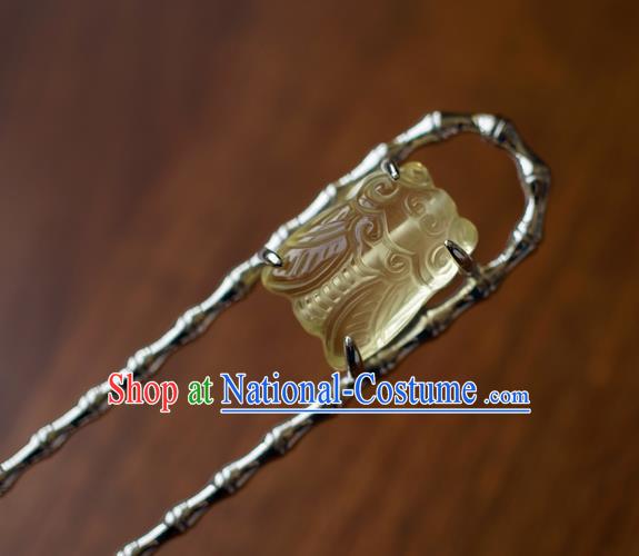 China Ming Dynasty Citrine Cicada Hairpin Traditional Ancient Court Woman Hair Accessories Hanfu Argent Bamboo Hair Stick