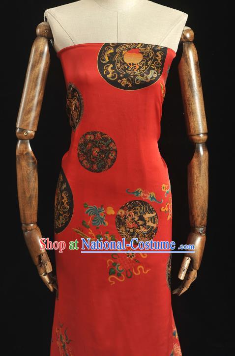 Top Grade Gambiered Guangdong Gauze Chinese Traditional Dragon Peach Pattern Red Silk Drapery Cheongsam Satin Fabric