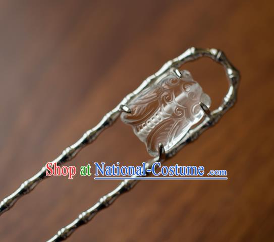 China Traditional Ancient Court Woman Hair Accessories Hanfu Argent Bamboo Hair Stick Ming Dynasty White Crystal Cicada Hairpin