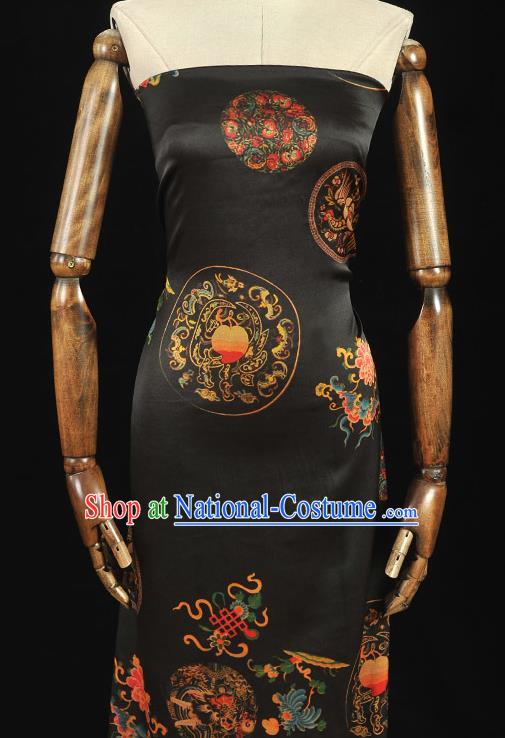 Top Grade Chinese Traditional Dragon Peach Pattern Black Silk Drapery Cheongsam Satin Fabric Gambiered Guangdong Gauze