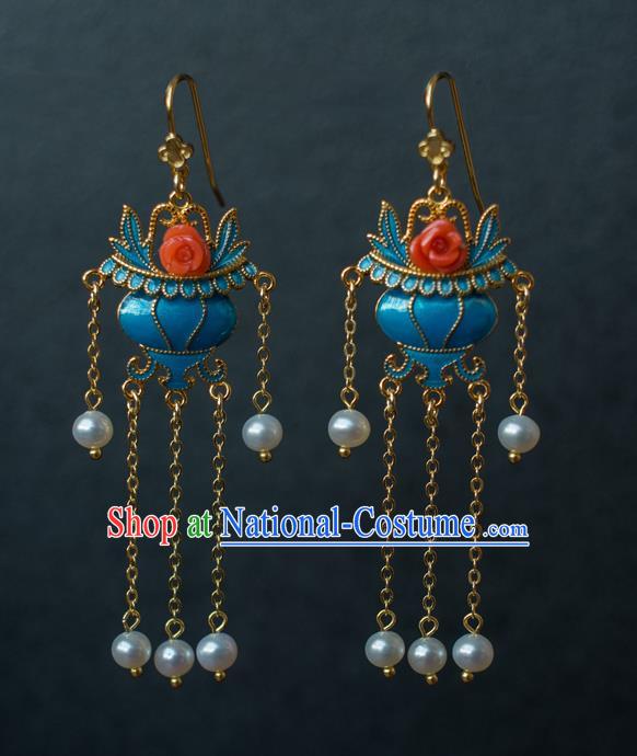 China Ancient Court Lady Blueing Ear Jewelry Accessories Traditional Qing Dynasty Tassel Earrings