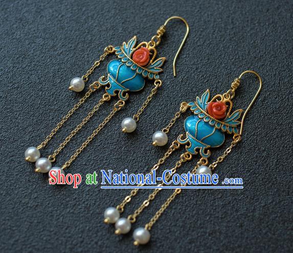 China Ancient Court Lady Blueing Ear Jewelry Accessories Traditional Qing Dynasty Tassel Earrings