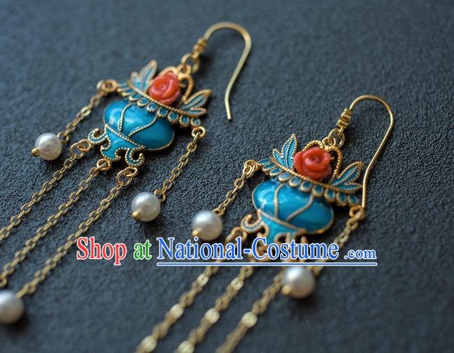 China Ancient Court Lady Blueing Ear Jewelry Accessories Traditional Qing Dynasty Tassel Earrings