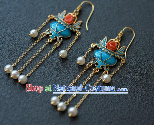 China Ancient Court Lady Blueing Ear Jewelry Accessories Traditional Qing Dynasty Tassel Earrings