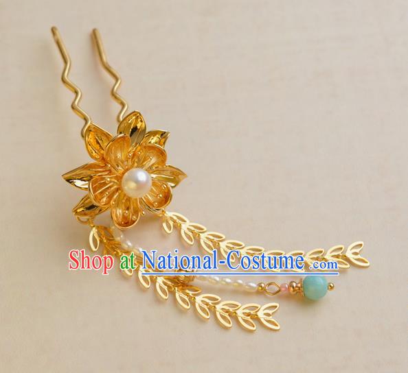 China Hanfu Pearls Tassel Hair Stick Traditional Ancient Princess Hair Accessories Qing Dynasty Golden Lotus Hairpin