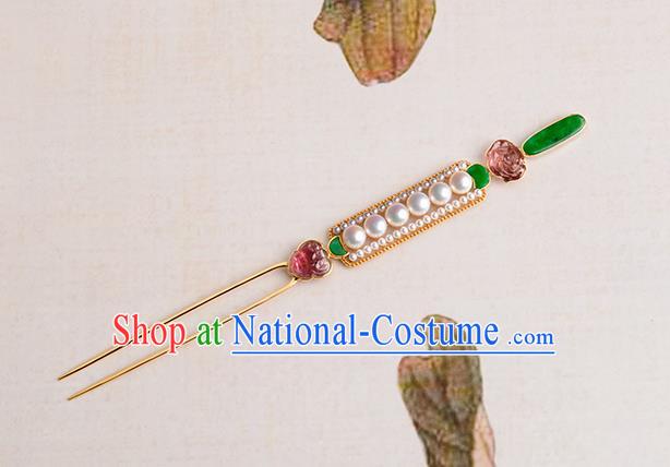 China Hanfu K Gold Hair Stick Traditional Ancient Imperial Concubine Hair Accessories Qing Dynasty Pearls Gems Hairpin