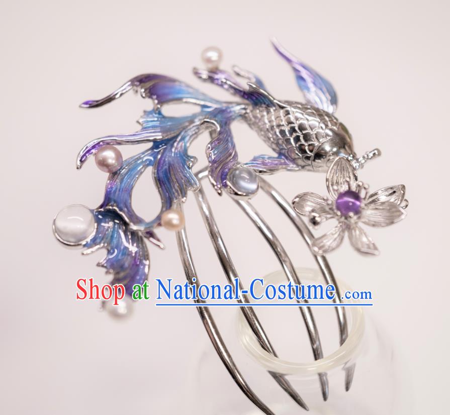 China Traditional Argent Lotus Fish Hair Comb Ancient Imperial Concubine Hairpin Qing Dynasty Court Hair Accessories