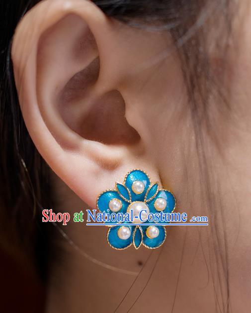 China Ancient Court Lady Pearls Ear Jewelry Accessories Traditional Qing Dynasty Enamel Plum Blossom Earrings