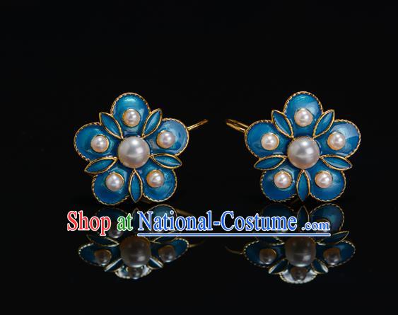 China Ancient Court Lady Pearls Ear Jewelry Accessories Traditional Qing Dynasty Enamel Plum Blossom Earrings