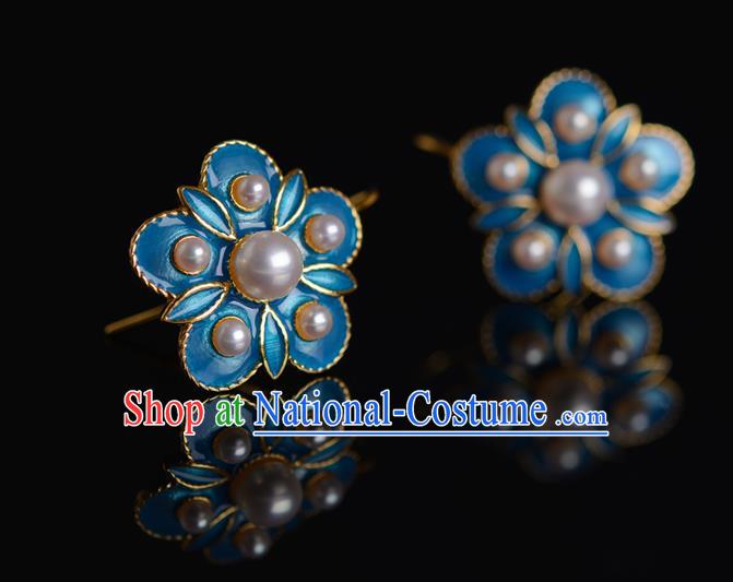 China Ancient Court Lady Pearls Ear Jewelry Accessories Traditional Qing Dynasty Enamel Plum Blossom Earrings