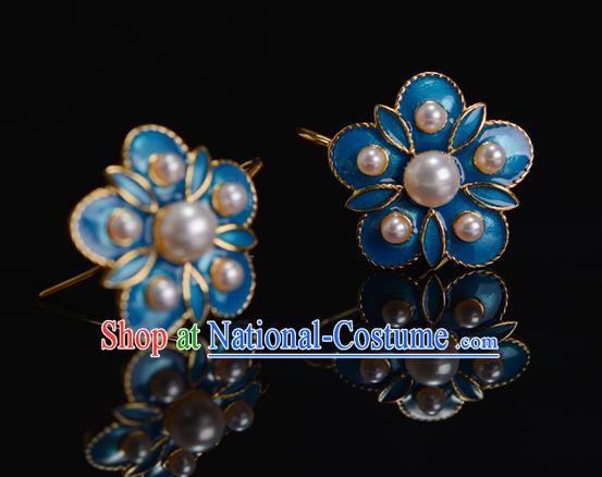 China Ancient Court Lady Pearls Ear Jewelry Accessories Traditional Qing Dynasty Enamel Plum Blossom Earrings