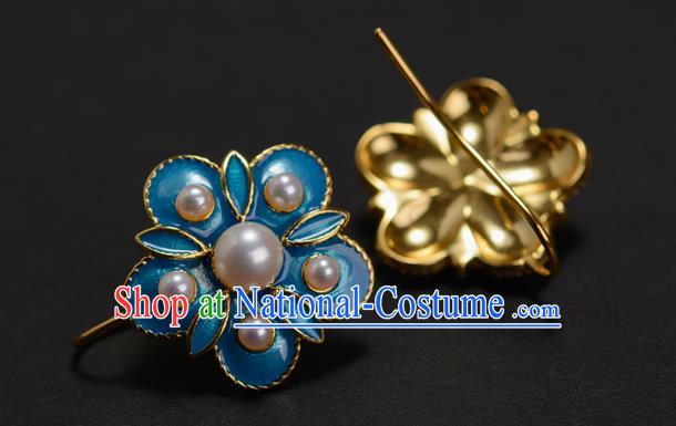 China Ancient Court Lady Pearls Ear Jewelry Accessories Traditional Qing Dynasty Enamel Plum Blossom Earrings