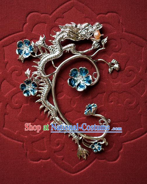 China Traditional Qing Dynasty Queen Gilding Dragon Earrings Ancient Empress Blue Plum Ear Jewelry Accessories