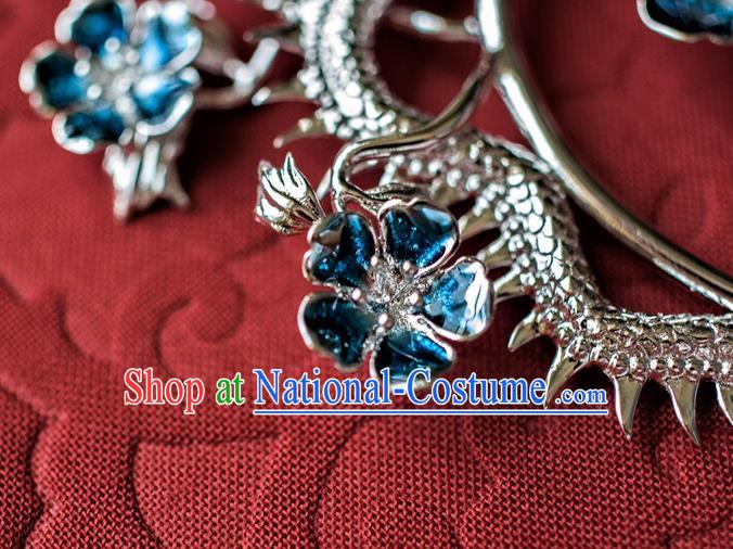 China Traditional Qing Dynasty Queen Gilding Dragon Earrings Ancient Empress Blue Plum Ear Jewelry Accessories