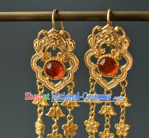 China Traditional Qing Dynasty Princess Agate Earrings Ancient Gilding Bat Ear Jewelry Accessories