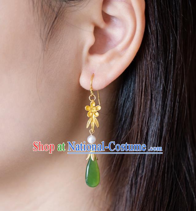 China Traditional Ming Dynasty Jade Earrings Ancient Court Lady Gilding Plum Ear Jewelry