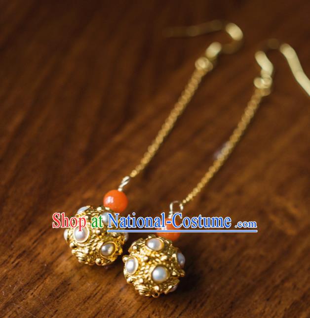 China Traditional Sui Dynasty Princess Li Jingxun Earrings Ancient Court Pearls Ear Jewelry Gilding Accessories