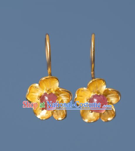 China Traditional Ming Dynasty Gilding Peach Blossom Earrings Ancient Court Lady Tourmaline Ear Jewelry