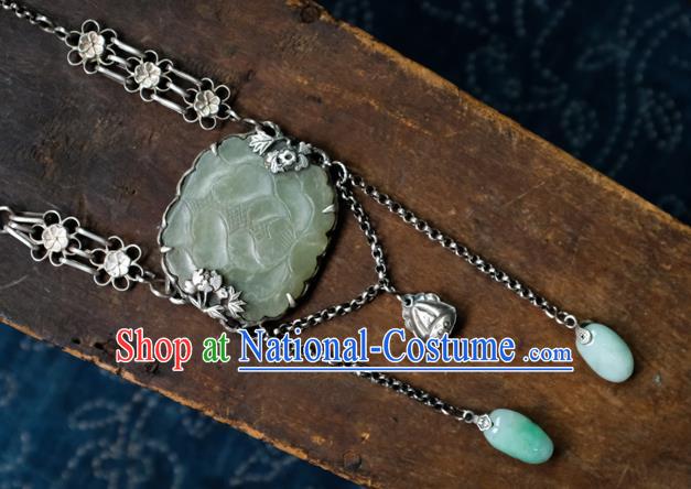 China Handmade National Silver Jewelry Accessories Traditional Jade Carving Lotus Necklace Pendant