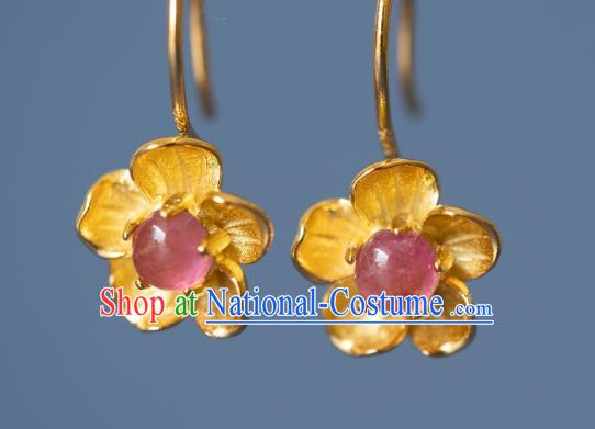 China Traditional Ming Dynasty Gilding Peach Blossom Earrings Ancient Court Lady Tourmaline Ear Jewelry