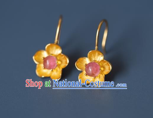 China Traditional Ming Dynasty Gilding Peach Blossom Earrings Ancient Court Lady Tourmaline Ear Jewelry