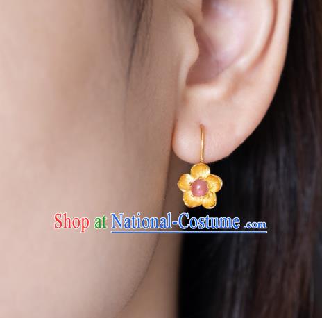 China Traditional Ming Dynasty Gilding Peach Blossom Earrings Ancient Court Lady Tourmaline Ear Jewelry