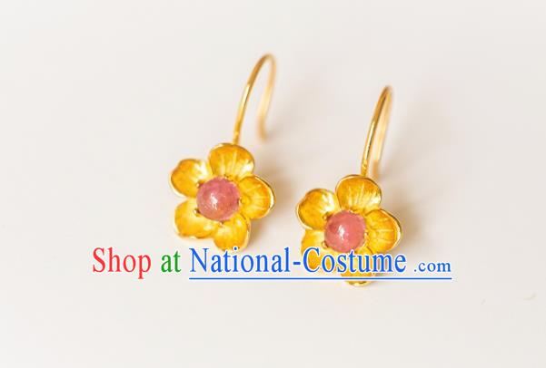 China Traditional Ming Dynasty Gilding Peach Blossom Earrings Ancient Court Lady Tourmaline Ear Jewelry