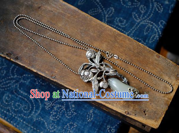 Handmade China Traditional White Jade Necklace Accessories National Silver Carving Flowers Jewelry Pendant