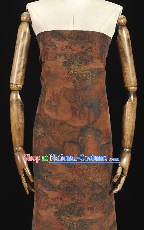 Top Silk Fabric Chinese Cheongsam Gambiered Guangdong Gauze Traditional Pavilion Pattern Brown Silk Drapery