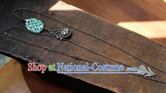 Handmade China National Women Jewelry Silver Carving Accessories Traditional Jade Necklace Pendant