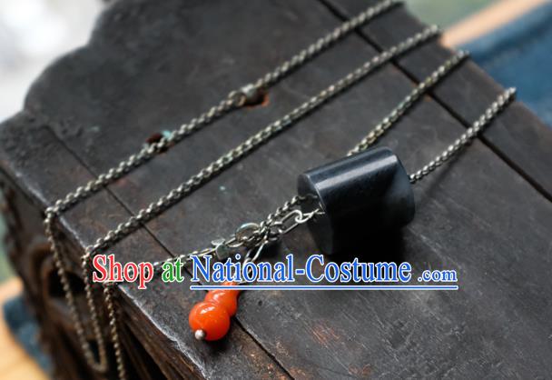 Handmade China Traditional Black Jade Necklace Pendant National Women Silver Jewelry Red Agate Gourd Accessories