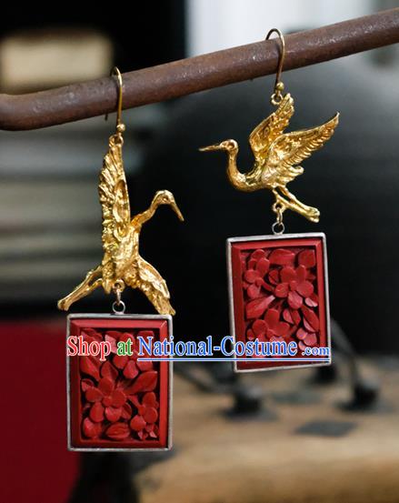 China Handmade Golden Crane Ear Accessories National Earrings Traditional Vermilion Seal Jewelry