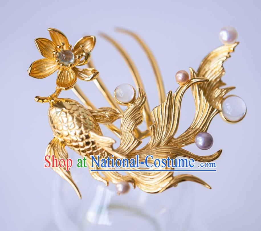 China Ancient Hanfu Gilding Fish Lotus Hair Comb Court Hair Accessories Traditional Ming Dynasty Empress Hairpin