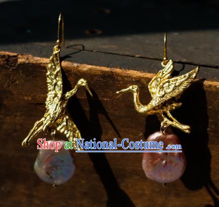 China Handmade Golden Crane Ear Accessories National Earrings Traditional Pink Stone Jewelry