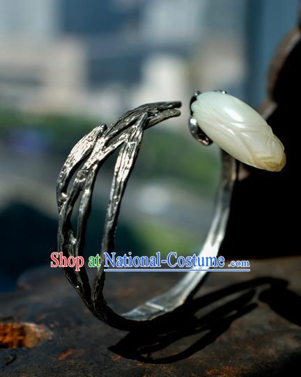 Chinese Traditional White Jade Mangnolia Jewelry Handmade Silver Bracelet Accessories