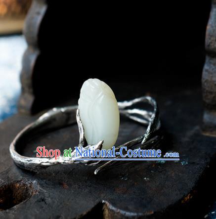 Chinese Traditional White Jade Mangnolia Jewelry Handmade Silver Bracelet Accessories