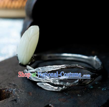 Chinese Traditional White Jade Mangnolia Jewelry Handmade Silver Bracelet Accessories