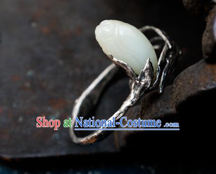 Chinese Traditional White Jade Mangnolia Jewelry Handmade Silver Bracelet Accessories