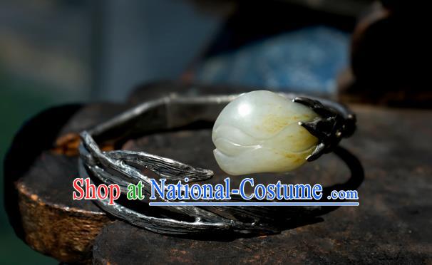 Chinese Handmade Silver Bracelet Accessories Traditional Yellow Jade Mangnolia Jewelry