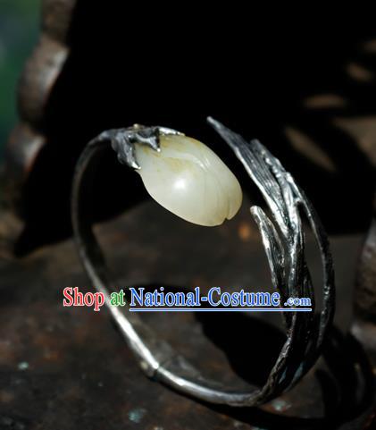 Chinese Handmade Silver Bracelet Accessories Traditional Yellow Jade Mangnolia Jewelry