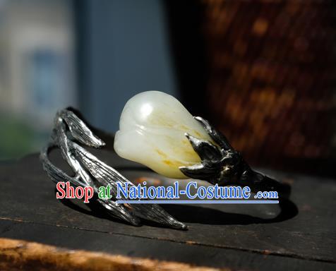 Chinese Handmade Silver Bracelet Accessories Traditional Yellow Jade Mangnolia Jewelry