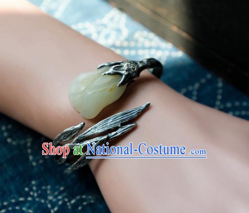 Chinese Handmade Silver Bracelet Accessories Traditional Yellow Jade Mangnolia Jewelry