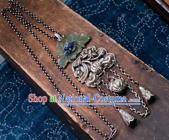 Handmade China Jade Lotus Accessories Traditional Silver Carving Necklace Pendant National Women Jewelry