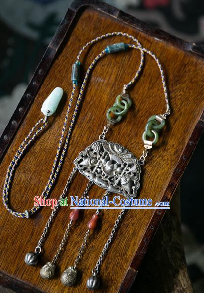 Handmade China Silver Carving Bat Accessories Traditional Necklace Pendant National Women Jade Ring Jewelry