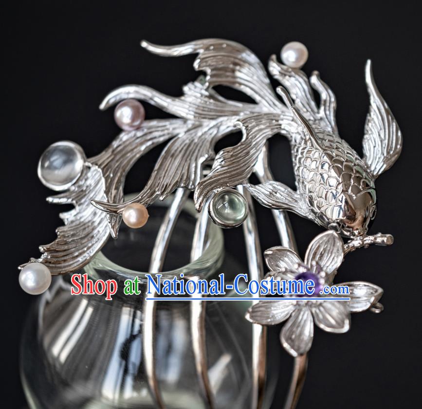 China Ancient Hanfu Argent Fish Lotus Hair Comb Traditional Ming Dynasty Empress Hairpin Court Hair Accessories