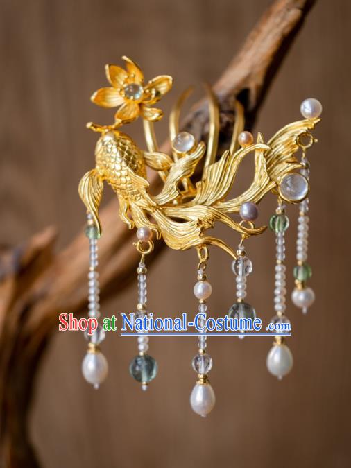 China Ancient Court Hair Accessories Hanfu Tassel Hair Comb Traditional Ming Dynasty Princess Gilding Lotus Fish Hairpin