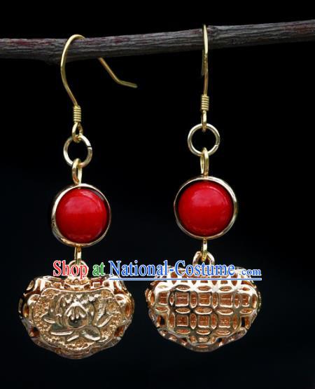 Handmade Chinese National Longevity Lock Ear Accessories Traditional Hollow Golden Earrings