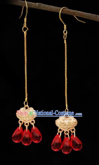 Handmade Chinese National Long Ear Accessories Traditional Golden Longevity Lock Earrings