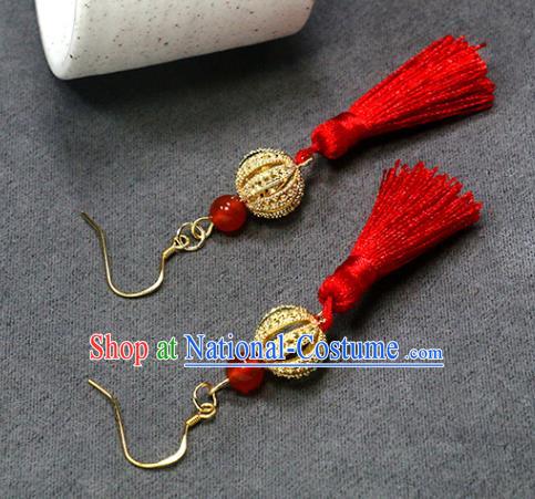 Handmade Chinese Hanfu Red Tassel Earrings Traditional National Wedding Golden Lantern Ear Accessories