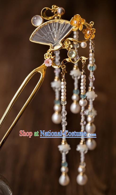 China Ancient Court Crystal Fan Hair Accessories Traditional Ming Dynasty Princess Pearls Tassel Hairpin Hanfu Step Shake